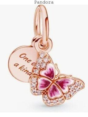 Pink Butterfly & Quote Double Dangle Charm ,Charms fit Pandora Bracelet